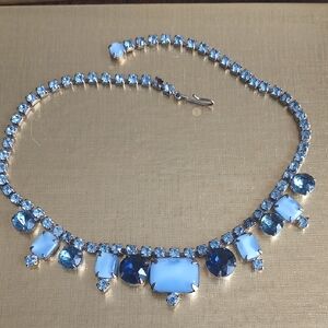 Elegant Blue MILK GLASS AND RHINESTONE  Necklace 14" Long